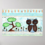 Blue Owl & Lace Mixed Media Painting Poster posters