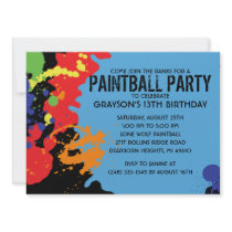 Blue Paintball Splatter Paintball Birthday Party Custom Announcement