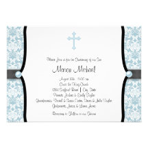 Blue Pearl Cross Blue Black Damask Christening Invites