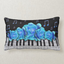 Blue Piano Keyboard and Notes Throw Pillow