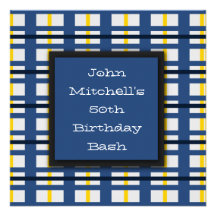 Blue Plaid Birthday Party Invitations