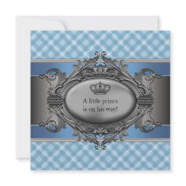 Blue Plaid Crown Little Prince Boy Baby Shower Announcements