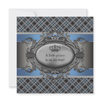 Blue Plaid Crown Little Prince Boy Baby Shower Custom Announcements