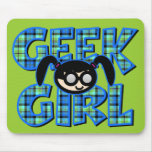 Blue Plaid Geek Girl with Graphic Mouse Pad