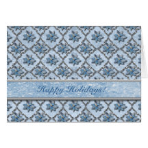 Blue Poinsettias Silver Greeting Card