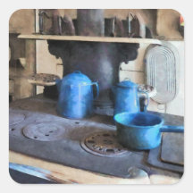 Blue Pots on Stove Square Stickers