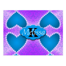 Blue & Purple Pearl Hearts & Swirls Monogram Postcard