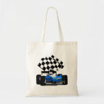 Blue Race Car with Chequered Flag Canvas Bags