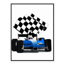 Blue Race Car with Chequered Flag Post Card