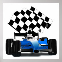 Blue Race Car with Chequered Flag Posters