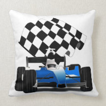 Blue Race Car with Chequered Flag Throw Pillows