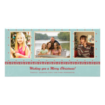Blue red classic christmas holiday 3 photo card