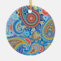 Blue, red, orange and yellow paisley christmas ornaments