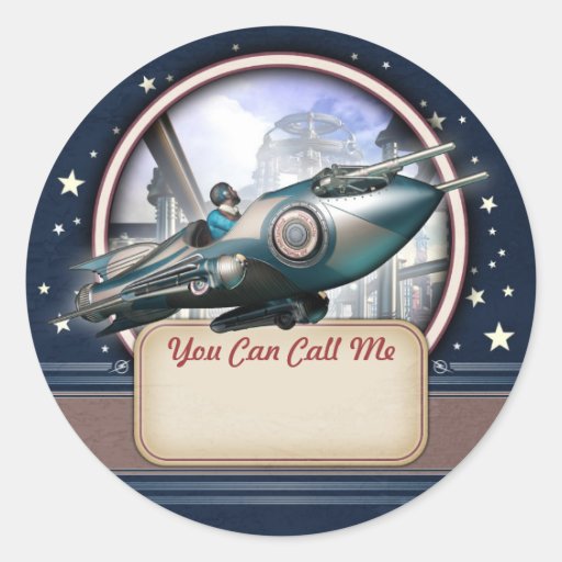 Blue Retro Rocket Name Tag Stickers Zazzle