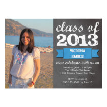 Blue ribbon banner chalkboard photo graduation invitations
