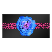 Blue rose monogram personalized photo card