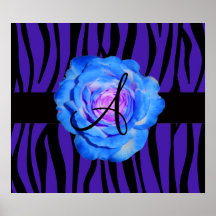 Blue rose monogram purple zebra stripes pattern poster