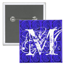 Blue Roses Monogram Letter M Button