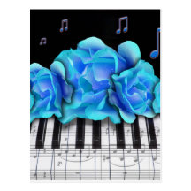 Blue Roses Piano Keyboard and Music Notes Postcard