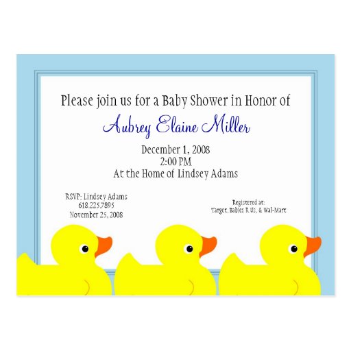 Blue Rubber Ducky Shower Invitation Postcards