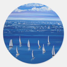 Blue Sailing Sailboats Folk Art Stickers