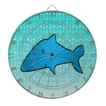 Blue shark bubbles pattern dartboard with darts