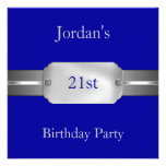 Blue Silver 21st Elegant Male Birthday Party Invitations