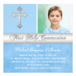 Blue Silver First Holy Communion Photo Invitation