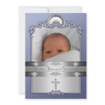 Blue Silver Photo Frame Jewel Cross Christening Custom Invitation