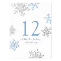 Blue Silver Snowflake Winter Wedding Table Card Postcards