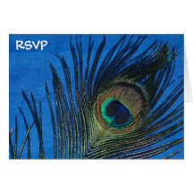 Blue Single Peacock Feather Wedding RSVP Greeting Card