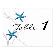 Blue Starfish with Silver Wedding Table Number Post Card
