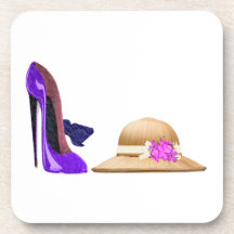Blue stiletto shoes and hat art drink coasters