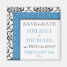 Blue Stitched Damask Save the Date Magnet
