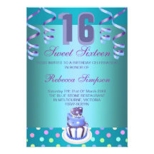 Blue Streamers & Cake Sweet 16 Birthday Invite