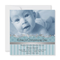 Blue Stripe Boys Photo Christening Custom Announcements