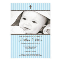 Blue Stripes and Brown Cross Boy Photo Baptism Personalized Invite