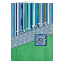 Blue Stripes and Green 3D Invite Greeting Cards