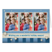 Blue stripes and stars 3 photo holiday card