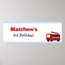 Blue Stripes Fire Truck Birthday Party Banner Posters