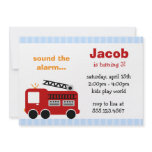 Blue Stripes Fire Truck Birthday Party Invitations