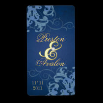 Blue Swirl Gold Jewelled Wedding Wine Label labels