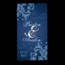 Blue Swirl Silver Jewelled Wedding Wine Label labels