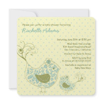 Blue Swirly Mom & Baby Bird Baby Shower Invitation