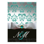 BLUE TURQUASE WHITE RIBBON  BLACK DAMASK MONOGRAM INVITES