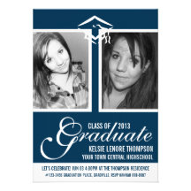 Blue Two Photos Grad Cap and Graduate Script Personalized Invitations
