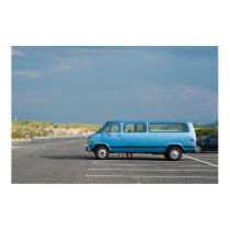 Blue Van at Beach Parking Lot posters