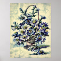 Blue Vintage Margaruite Flowers in a Basket Print