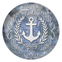 Blue watercolor Anchor's Away Nautical art. Plates