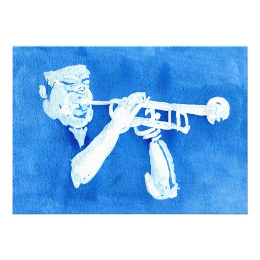 Blue watercolour painting of trumpet player custom invitations